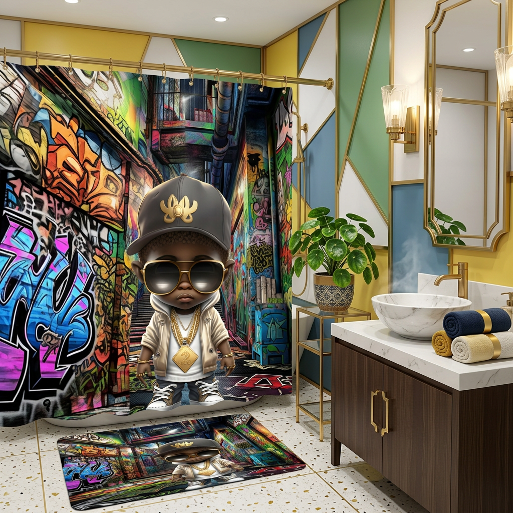 Copycat-Creations Graffiti Hip-Hop Prince 2pcs Shower Curtain Set