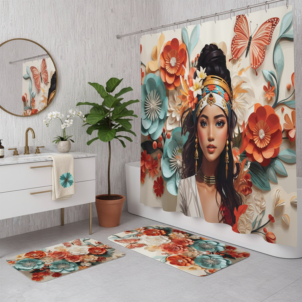 Copycat-Creations Floral Balinese Goddess 4pcs Shower Curtain Set