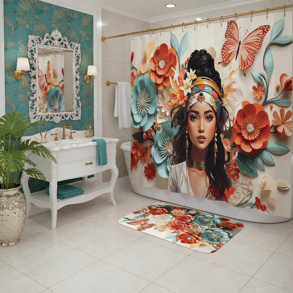 Copycat-Creations Floral Balinese Goddess 4pcs Shower Curtain Set