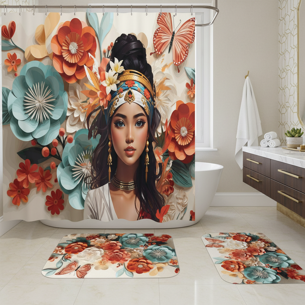 Copycat-Creations Floral Balinese Goddess 4pcs Shower Curtain Set