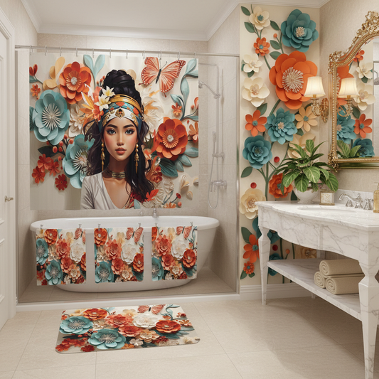 Copycat-Creations Floral Balinese Goddess 4pcs Shower Curtain Set