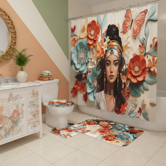 Copycat-Creations Floral Balinese Goddess 4pcs Shower Curtain Set