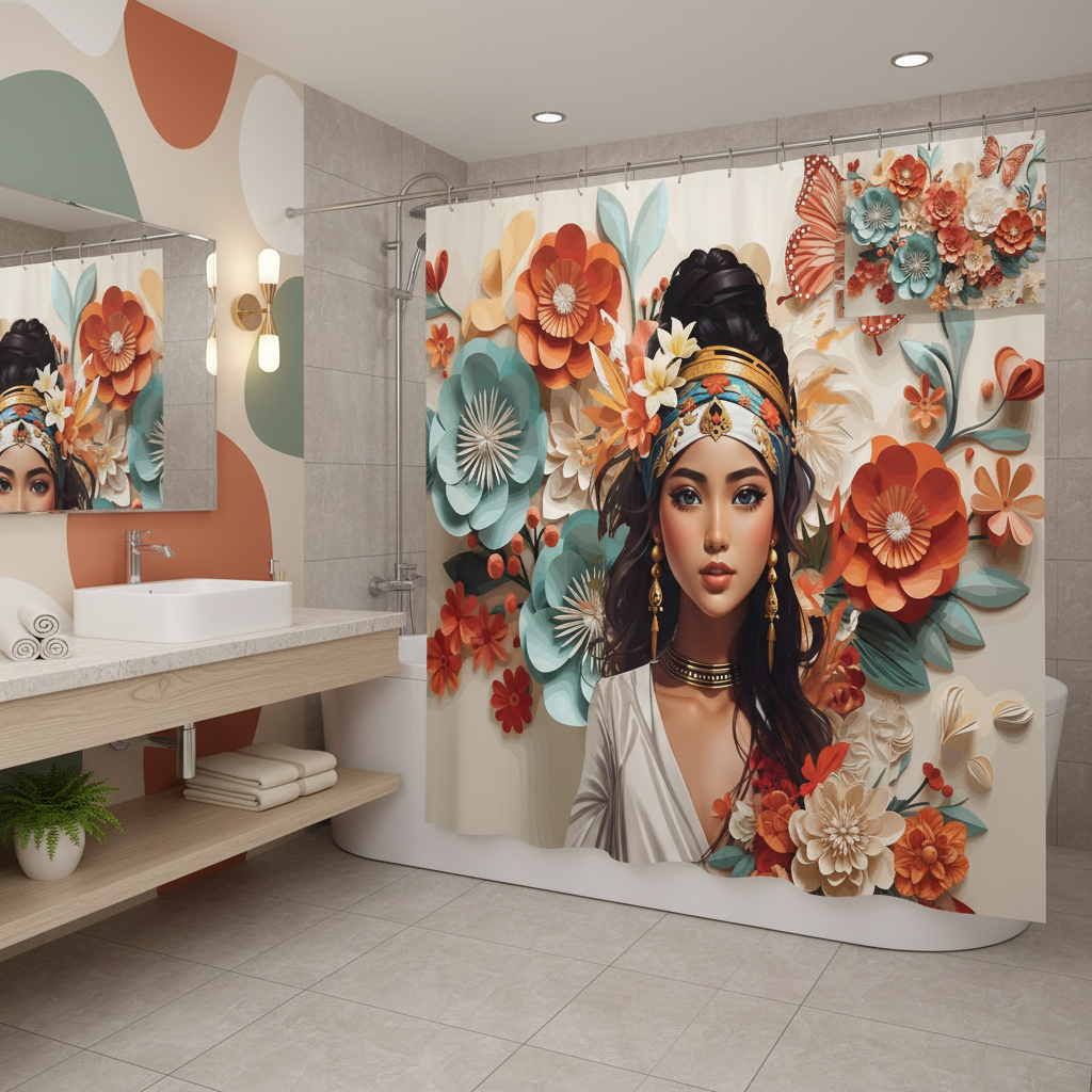 Copycat-Creations Floral Balinese Goddess 4pcs Shower Curtain Set