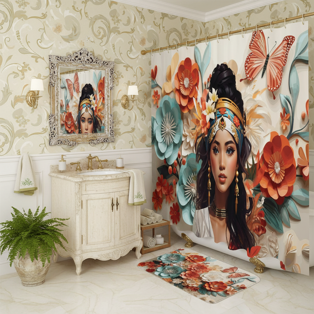 Copycat-Creations Floral Balinese Goddess 4pcs Shower Curtain Set
