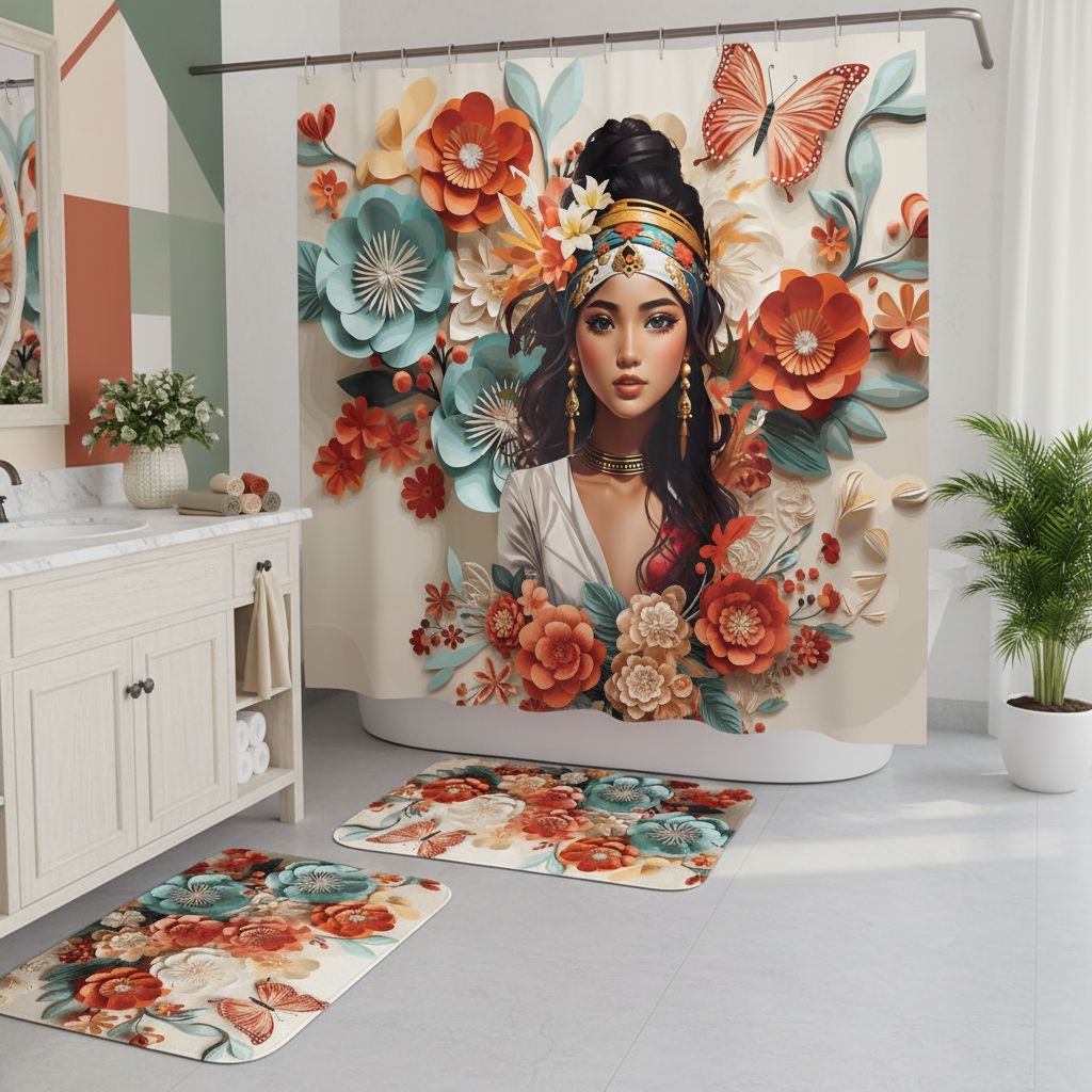 Copycat-Creations Floral Balinese Goddess 4pcs Shower Curtain Set