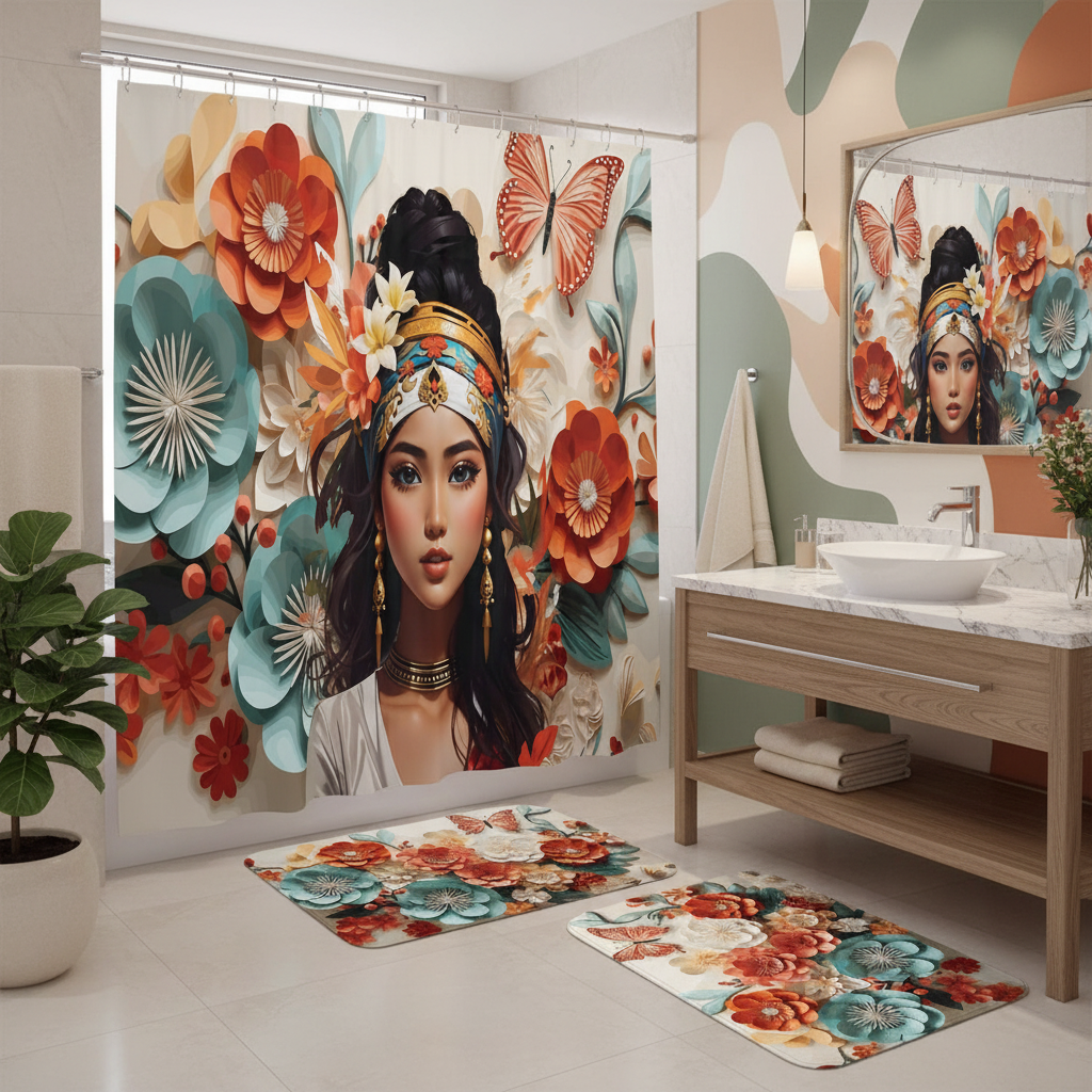 Copycat-Creations Floral Balinese Goddess 4pcs Shower Curtain Set
