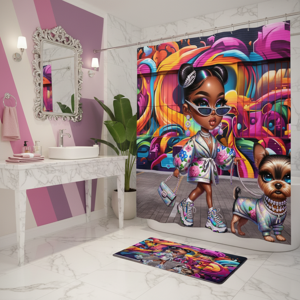 Glam Princess and Bougie Dog 2pcs Shower Curtain Set
