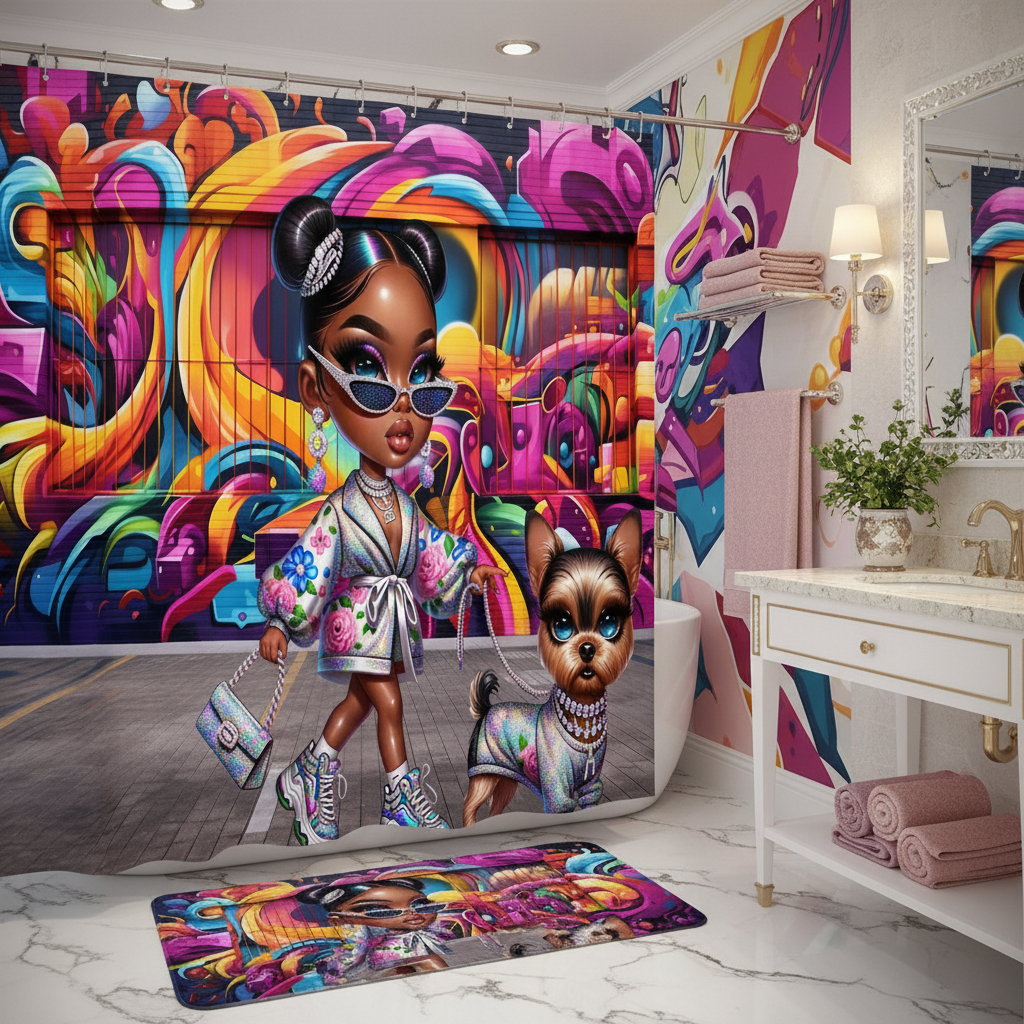 Glam Princess and Bougie Dog 2pcs Shower Curtain Set