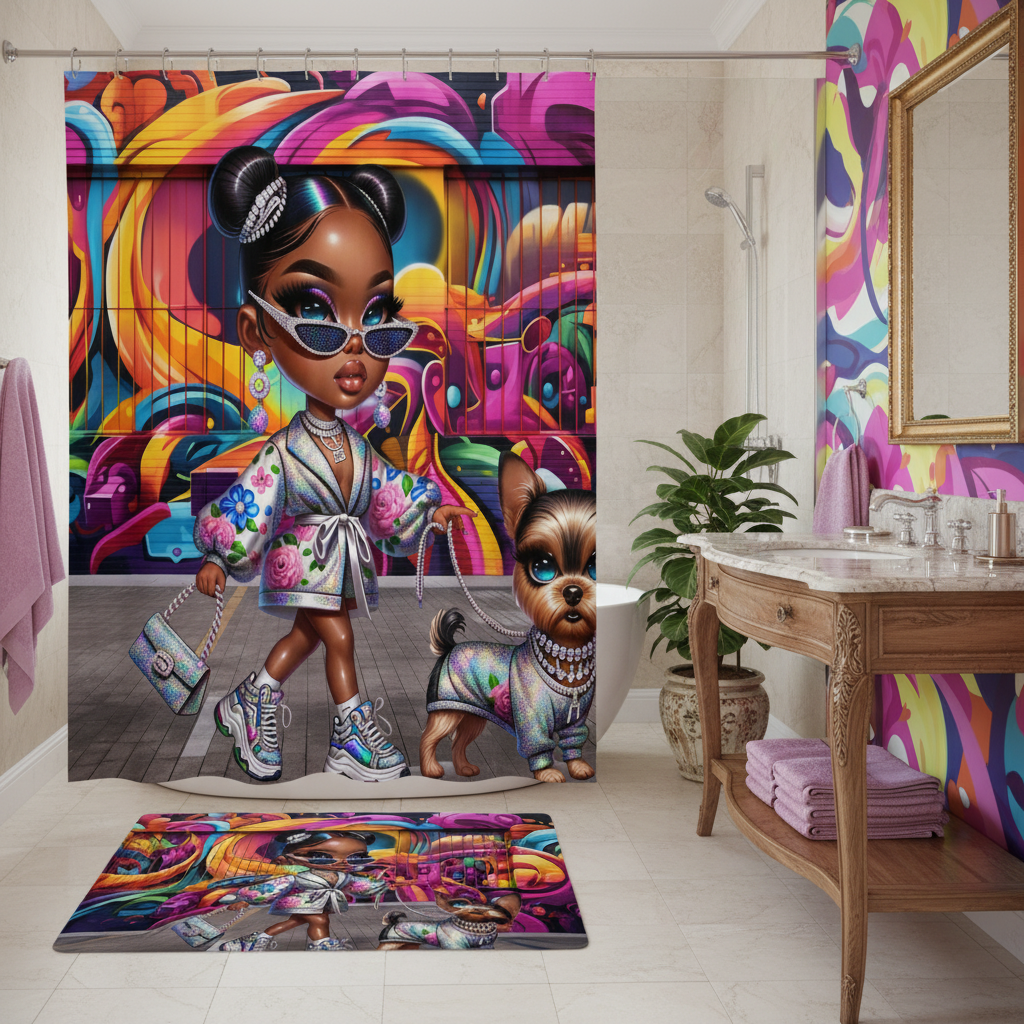 Glam Princess and Bougie Dog 2pcs Shower Curtain Set