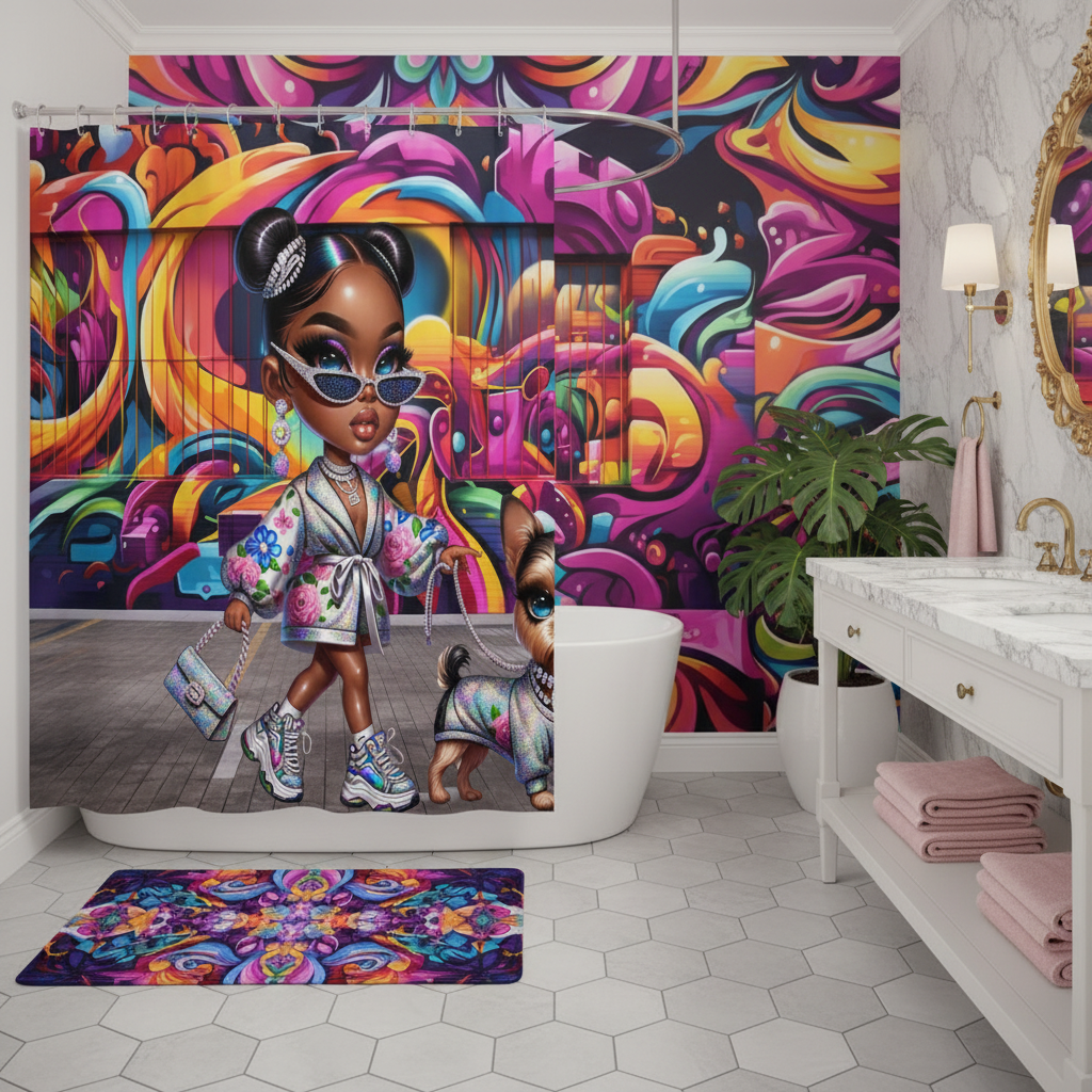 Glam Princess and Bougie Dog 2pcs Shower Curtain Set