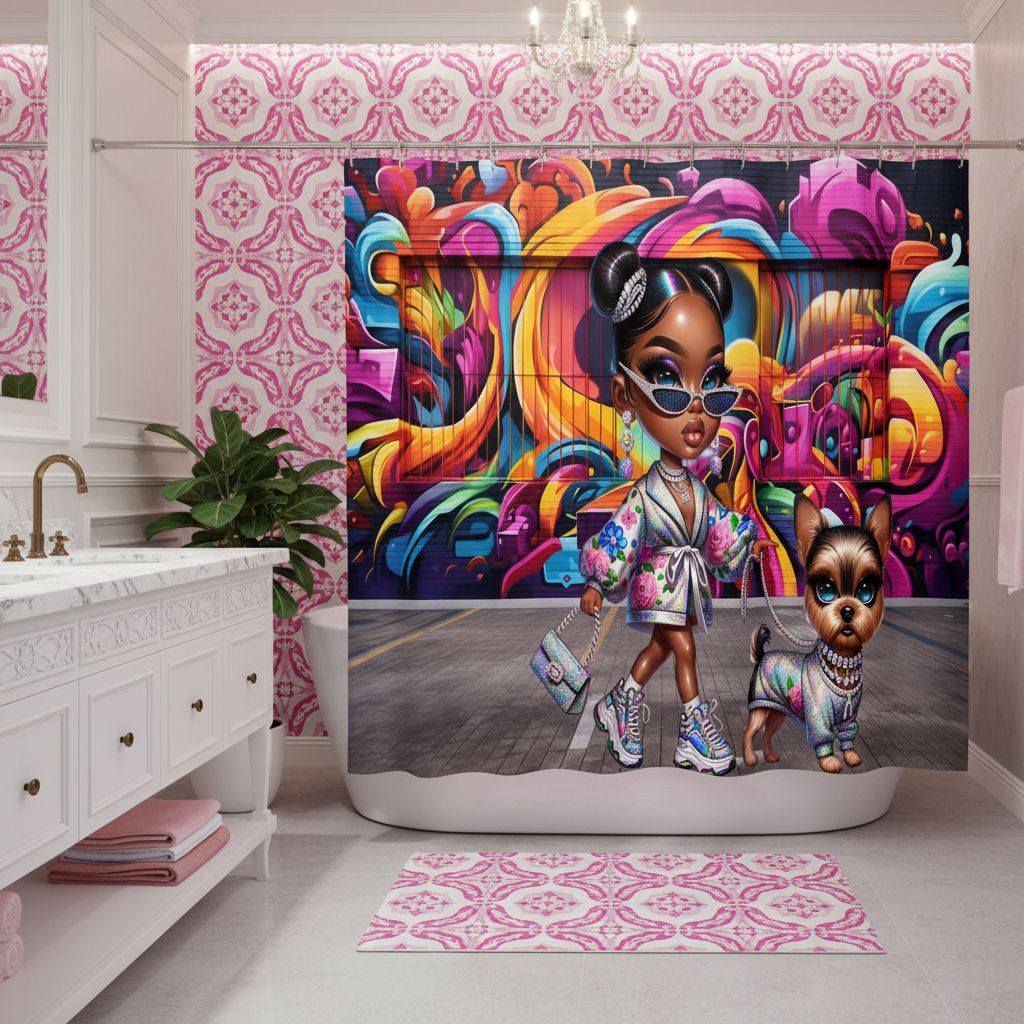 Glam Princess and Bougie Dog 2pcs Shower Curtain Set
