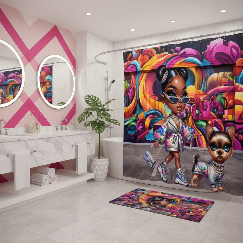 Glam Princess and Bougie Dog 2pcs Shower Curtain Set