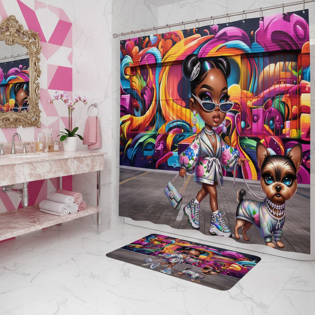 Glam Princess and Bougie Dog 2pcs Shower Curtain Set