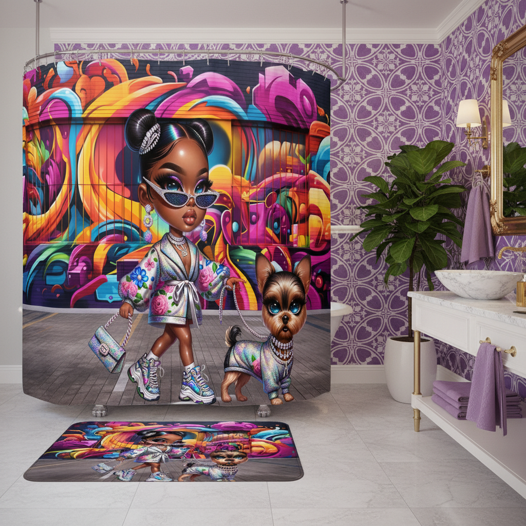 Glam Princess and Bougie Dog 2pcs Shower Curtain Set