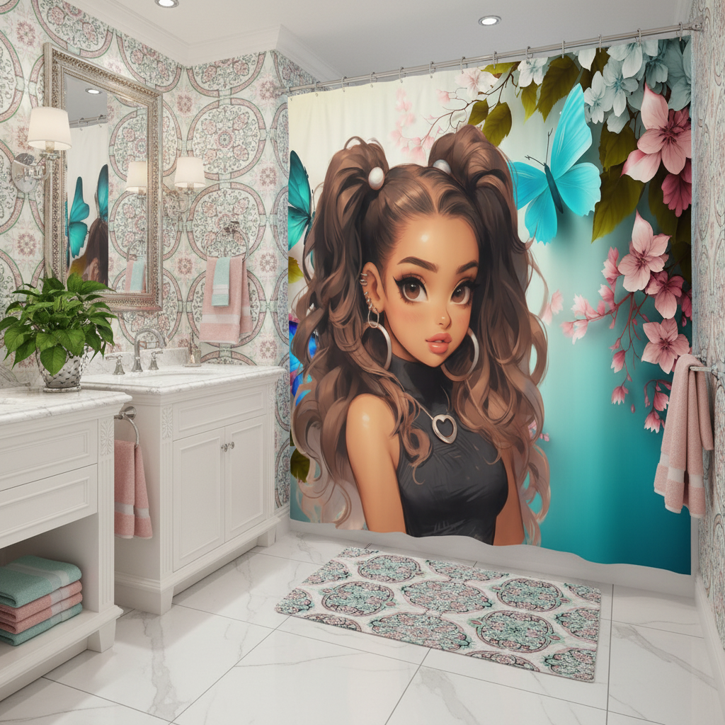 Copycat-Creations Butterfly and Floral Princess 2pcs Shower Curtain Set