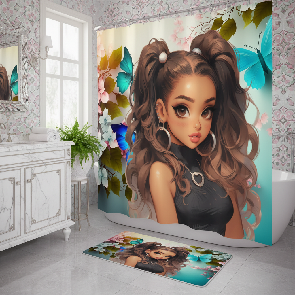 Copycat-Creations Butterfly and Floral Princess 2pcs Shower Curtain Set