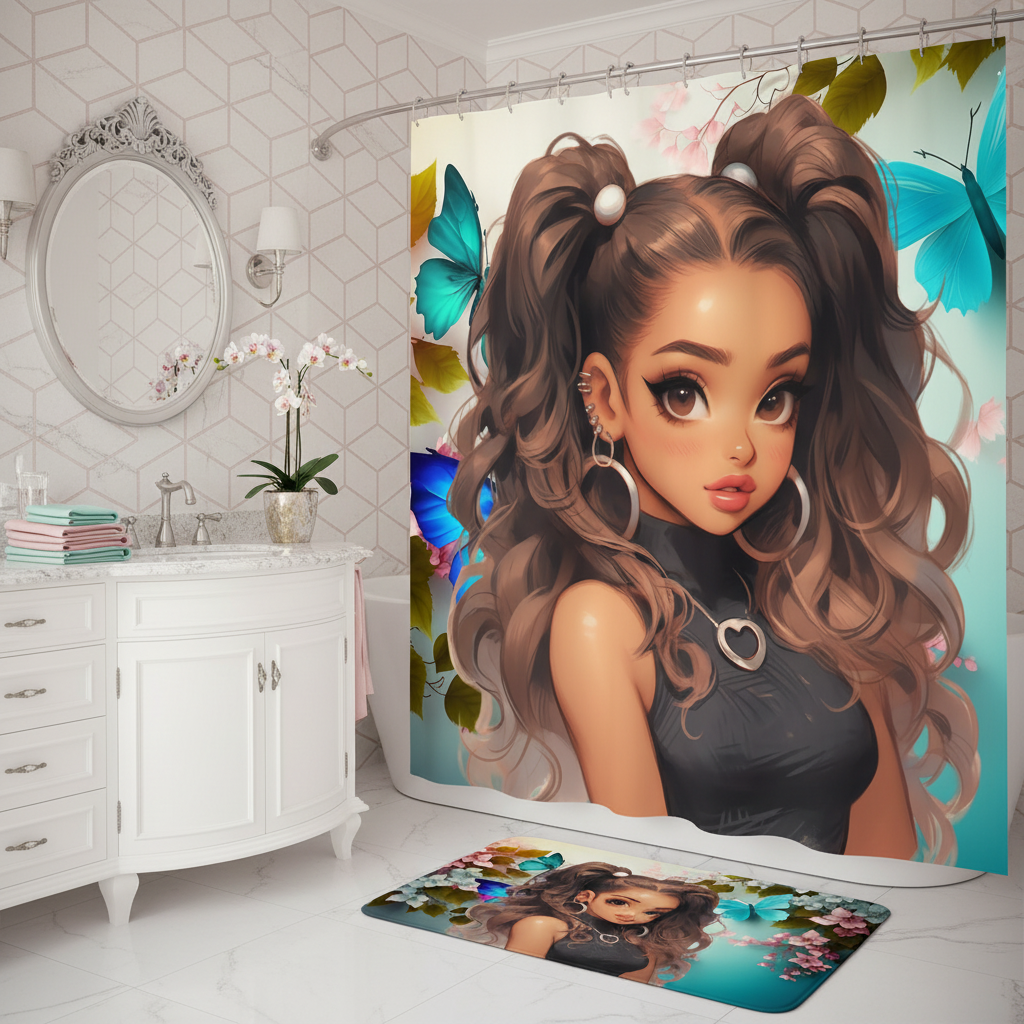 Copycat-Creations Butterfly and Floral Princess 2pcs Shower Curtain Set