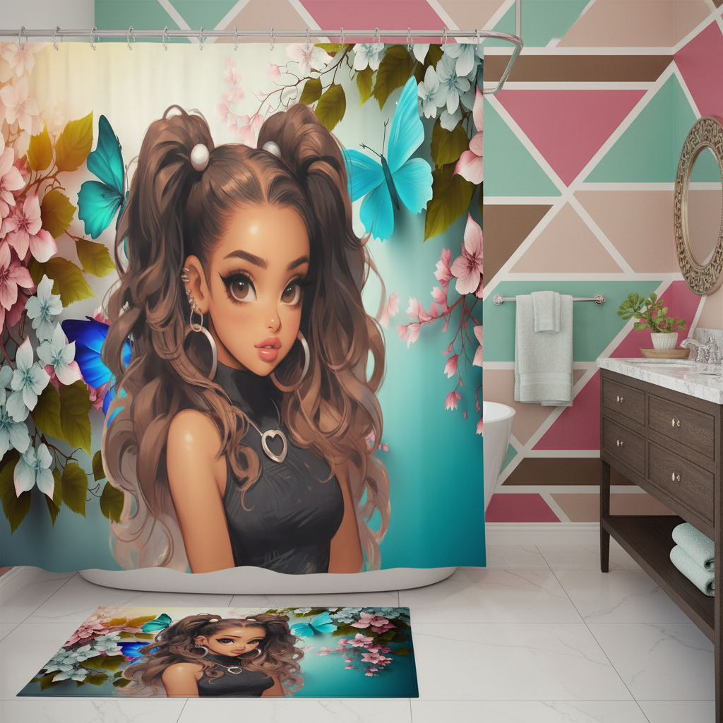 Copycat-Creations Butterfly and Floral Princess 2pcs Shower Curtain Set