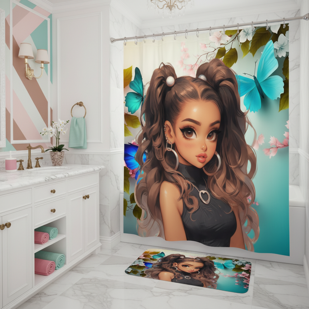 Copycat-Creations Butterfly and Floral Princess 2pcs Shower Curtain Set