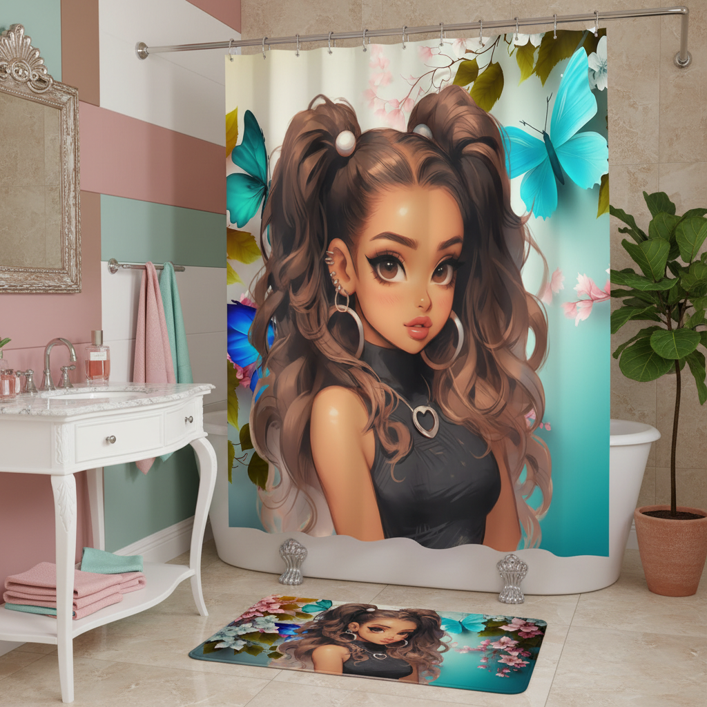 Copycat-Creations Butterfly and Floral Princess 2pcs Shower Curtain Set