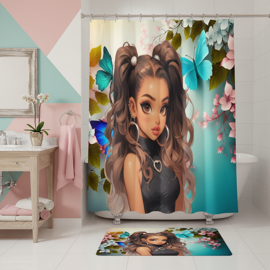Copycat-Creations Butterfly and Floral Princess 2pcs Shower Curtain Set