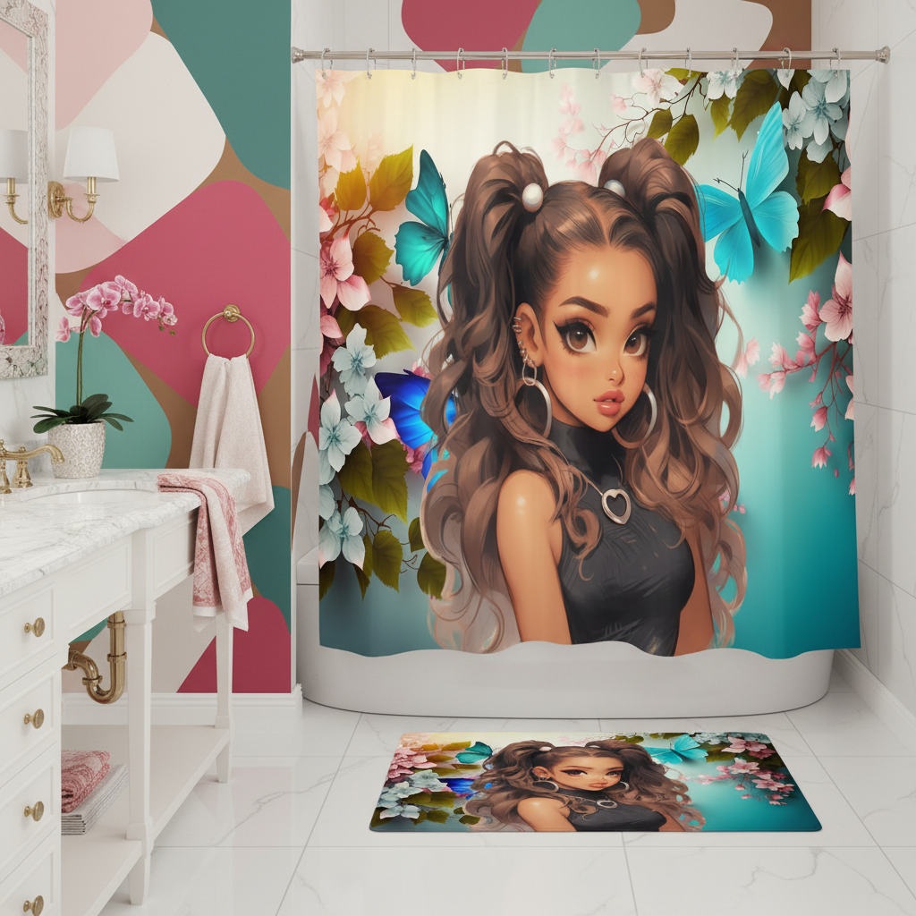 Copycat-Creations Butterfly and Floral Princess 2pcs Shower Curtain Set