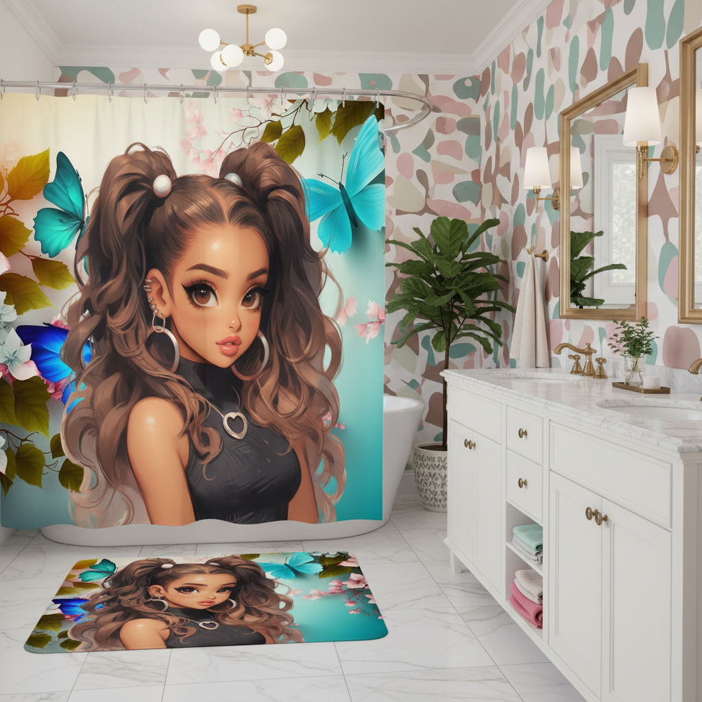 Copycat-Creations Butterfly and Floral Princess 2pcs Shower Curtain Set