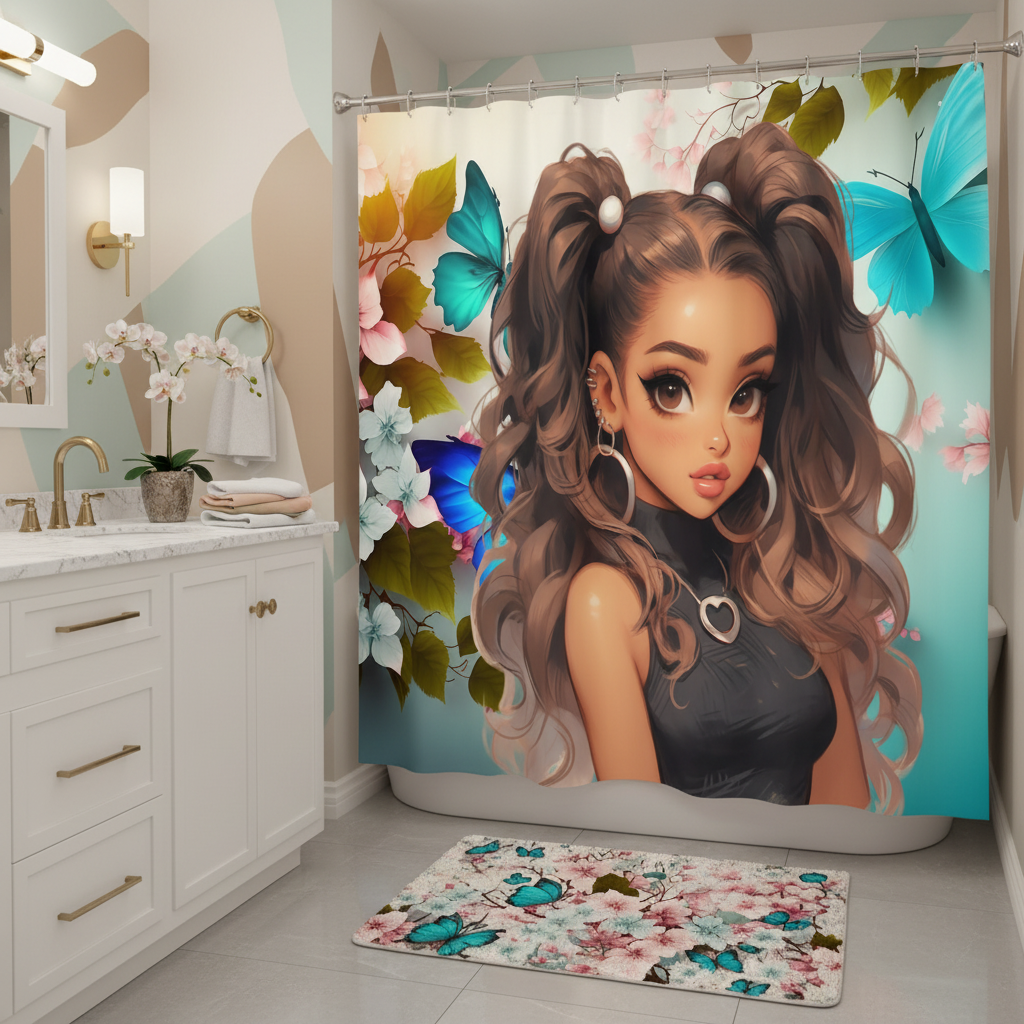 Copycat-Creations Butterfly and Floral Princess 2pcs Shower Curtain Set