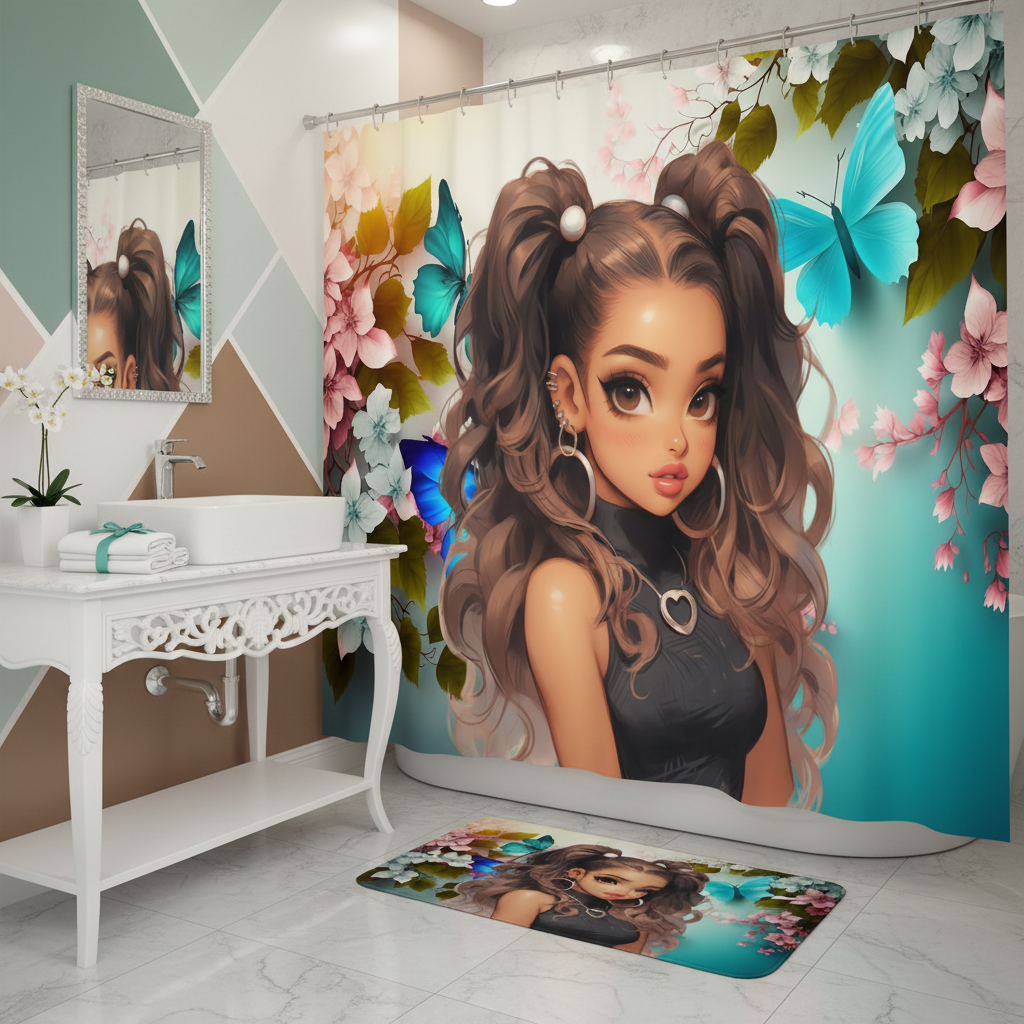 Copycat-Creations Butterfly and Floral Princess 2pcs Shower Curtain Set