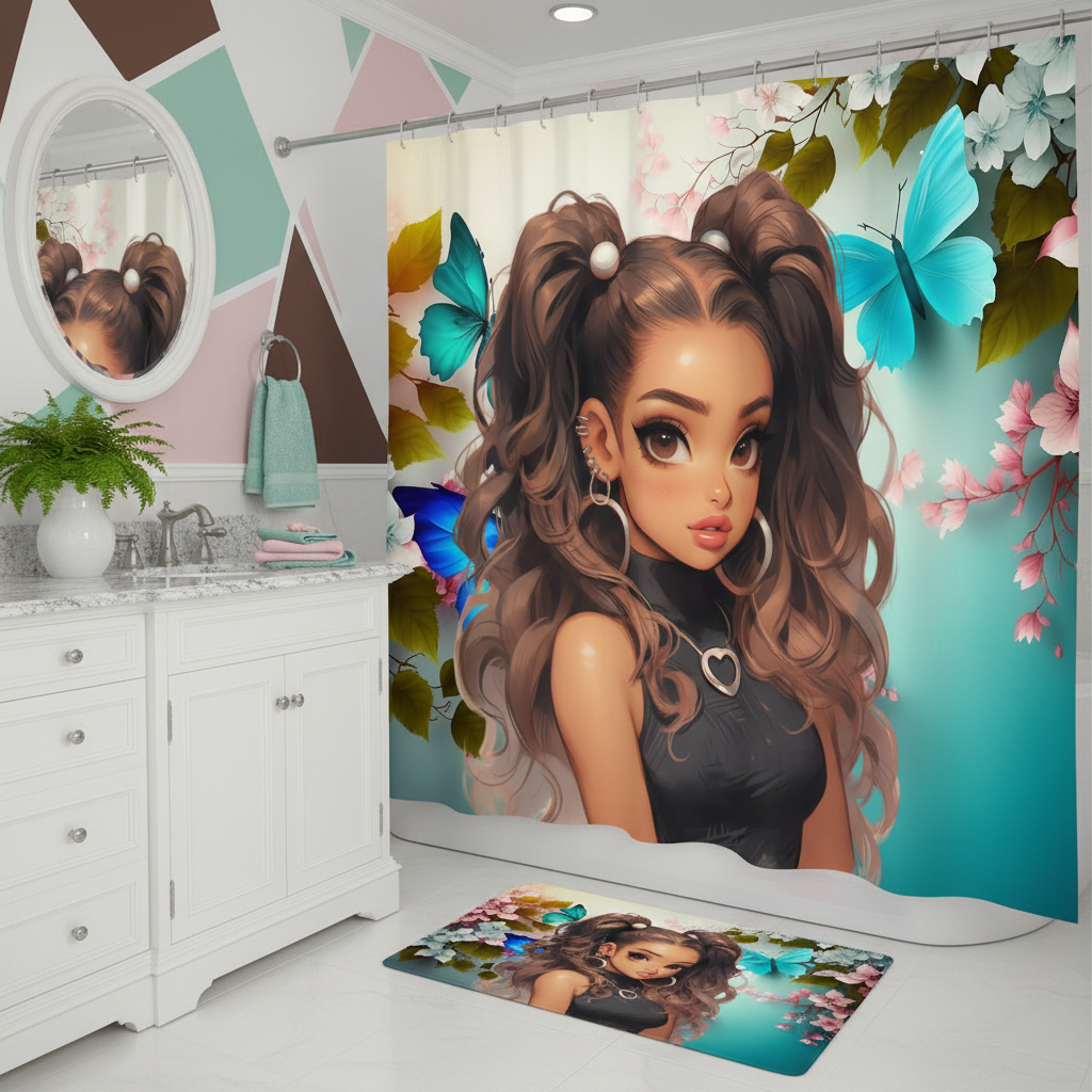 Copycat-Creations Butterfly and Floral Princess 2pcs Shower Curtain Set