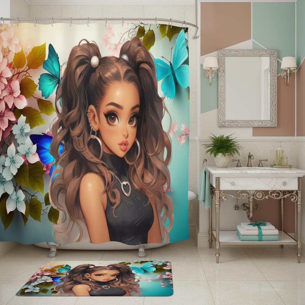 Copycat-Creations Butterfly and Floral Princess 2pcs Shower Curtain Set