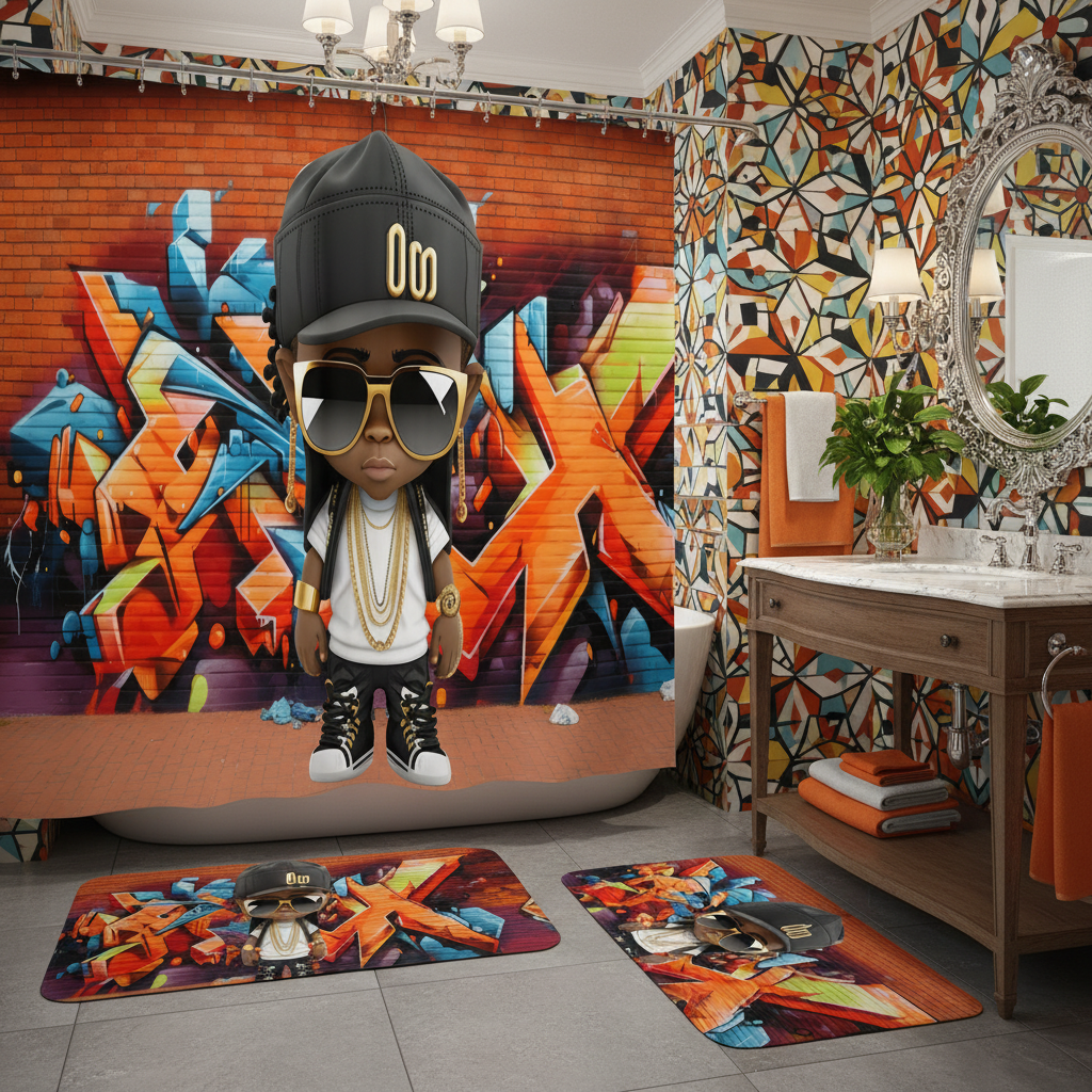 Copycat-Creations Graffiti Hip-Hop Prince 2pcs Shower Curtain Set