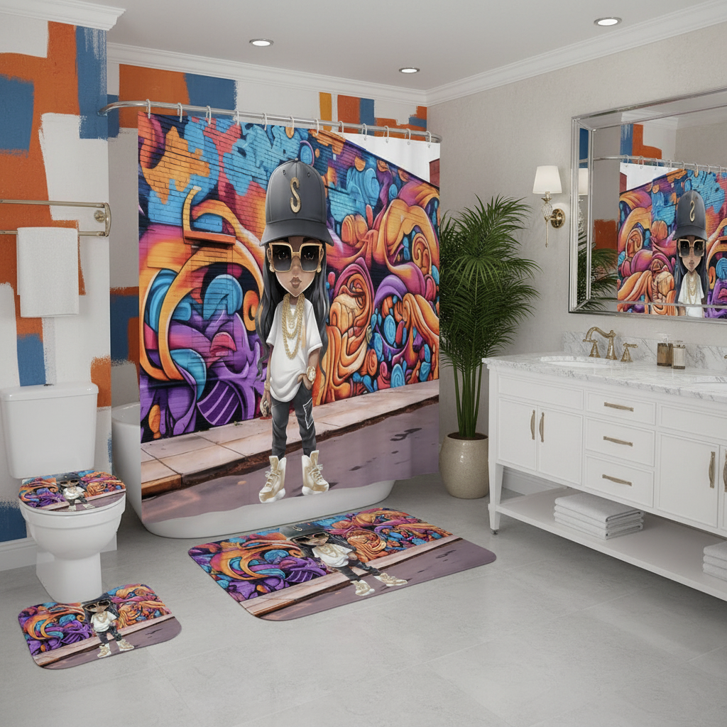 Copycat-Creations Hip-Hop Latina Princess 4pcs Shower Curtain Set