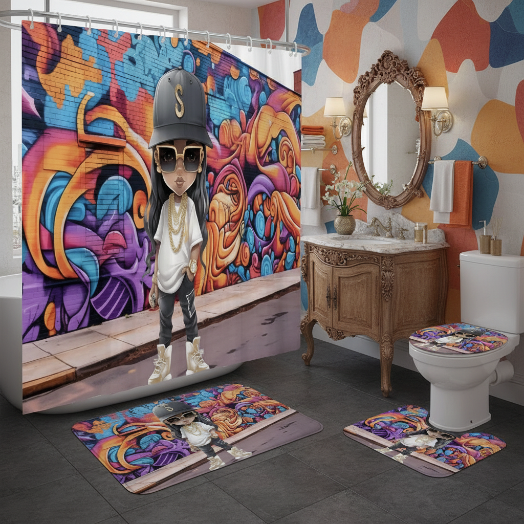 Copycat-Creations Hip-Hop Latina Princess 4pcs Shower Curtain Set
