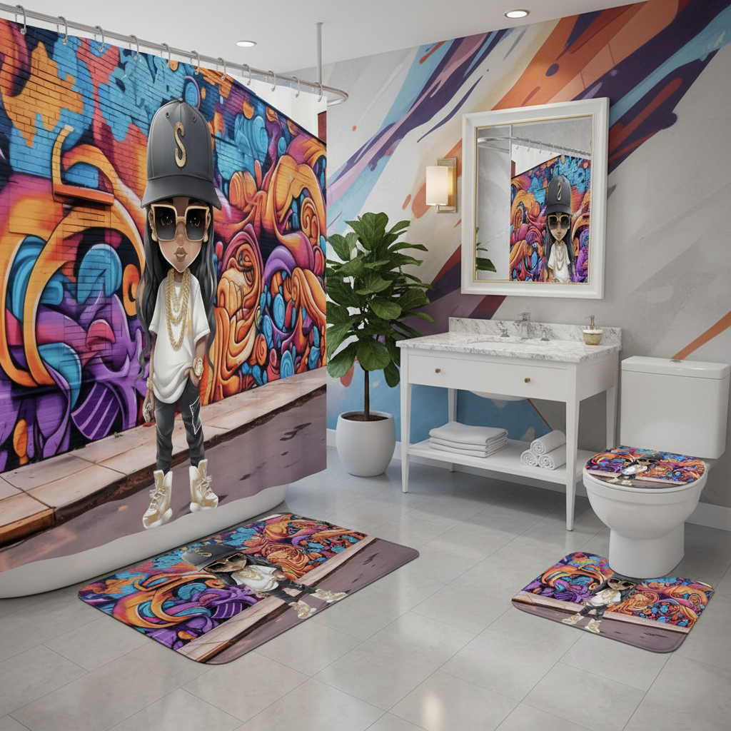 Copycat-Creations Hip-Hop Latina Princess 4pcs Shower Curtain Set