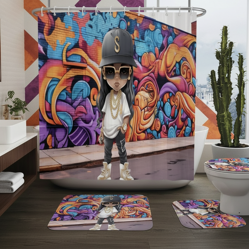 Copycat-Creations Hip-Hop Latina Princess 4pcs Shower Curtain Set