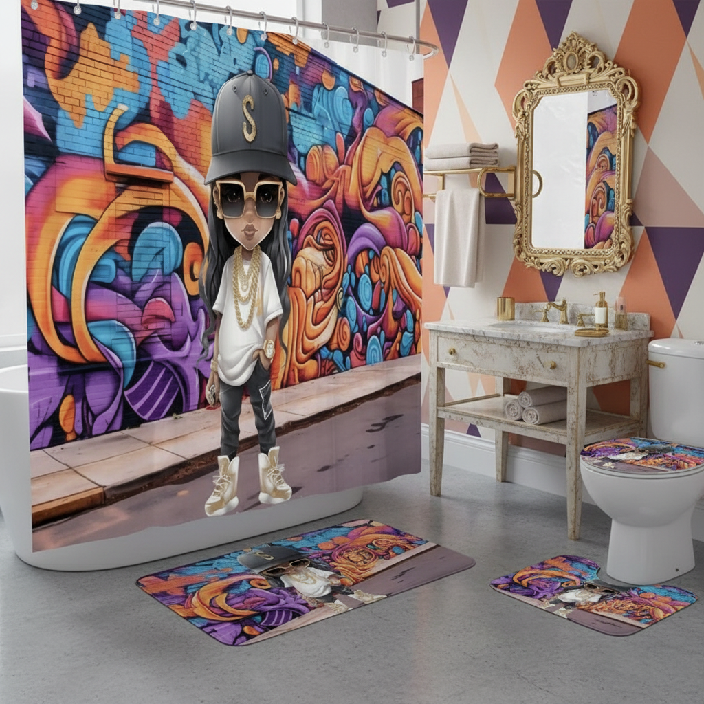 Copycat-Creations Hip-Hop Latina Princess 4pcs Shower Curtain Set