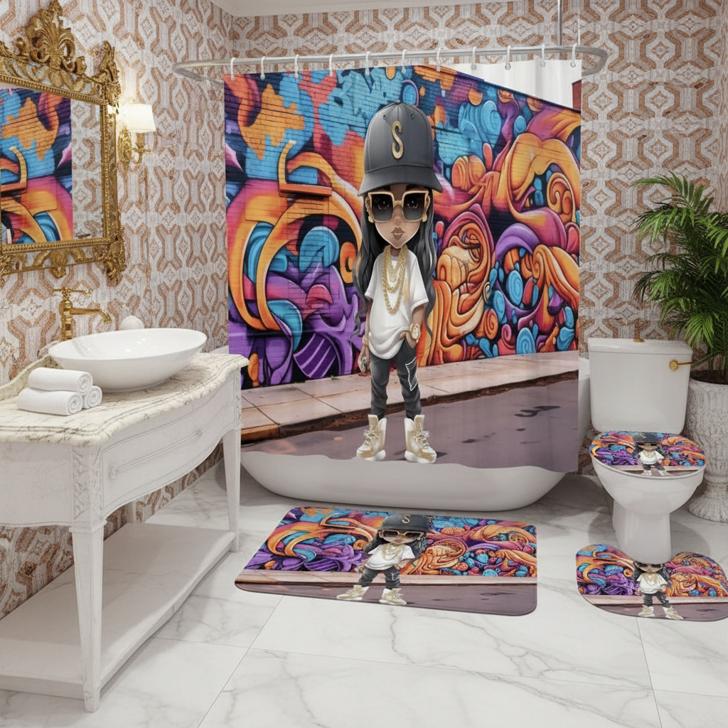 Copycat-Creations Hip-Hop Latina Princess 4pcs Shower Curtain Set