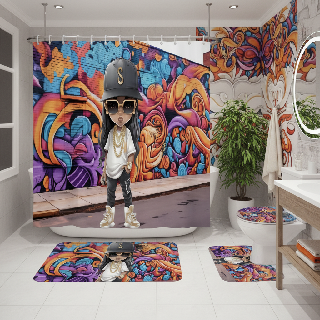Copycat-Creations Hip-Hop Latina Princess 4pcs Shower Curtain Set