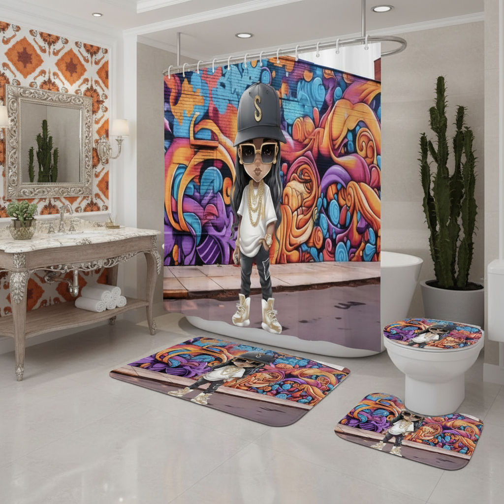 Copycat-Creations Hip-Hop Latina Princess 4pcs Shower Curtain Set