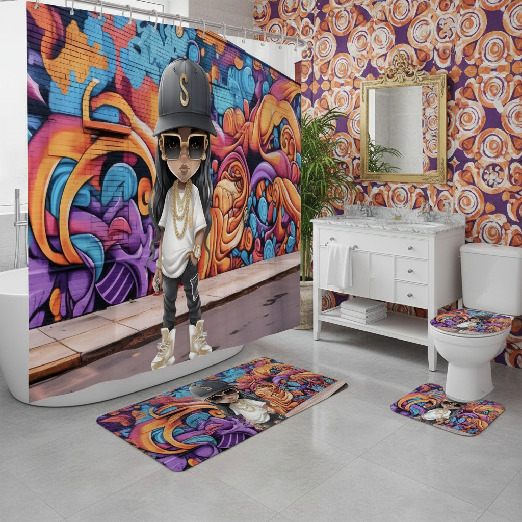 Copycat-Creations Hip-Hop Latina Princess 4pcs Shower Curtain Set