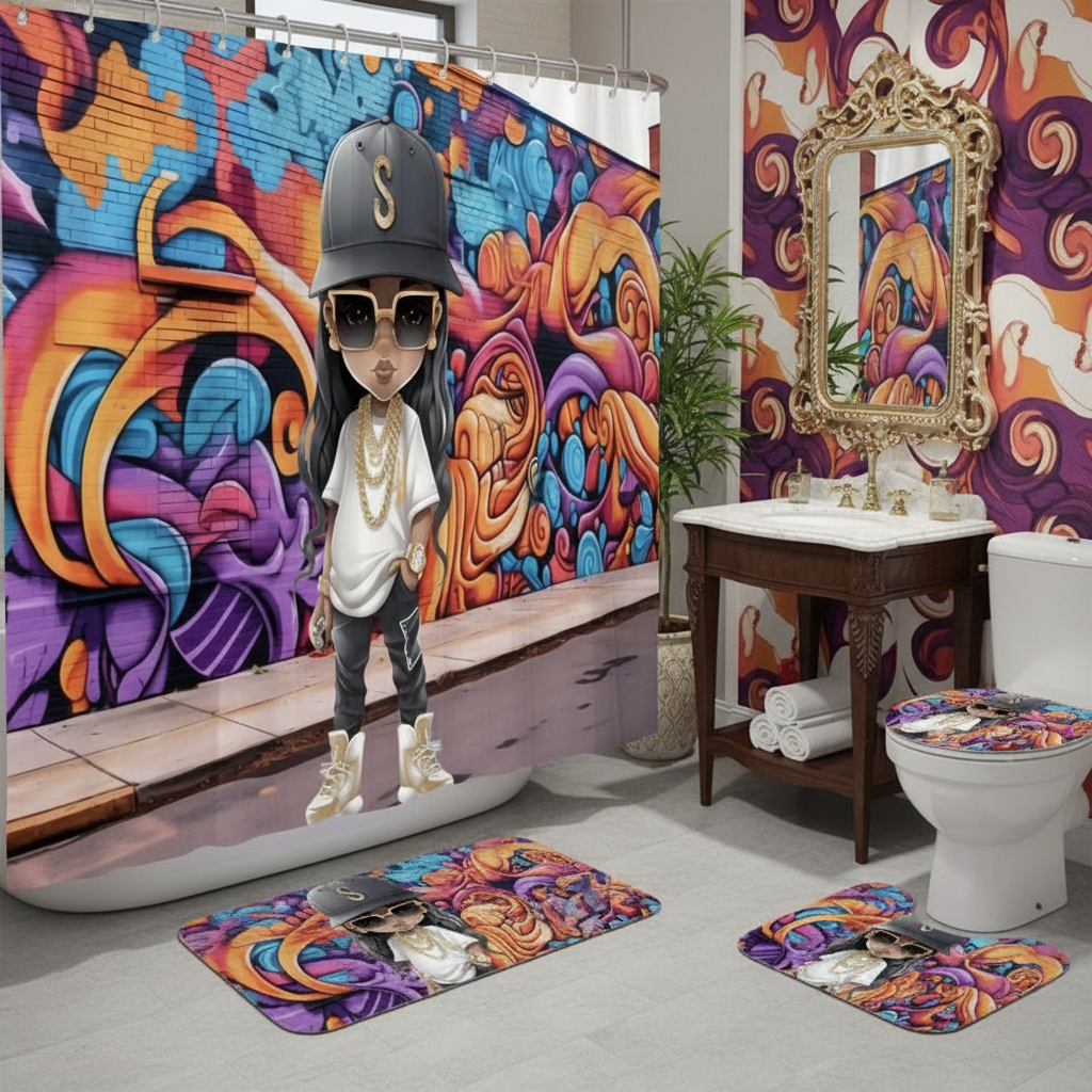 Copycat-Creations Hip-Hop Latina Princess 4pcs Shower Curtain Set
