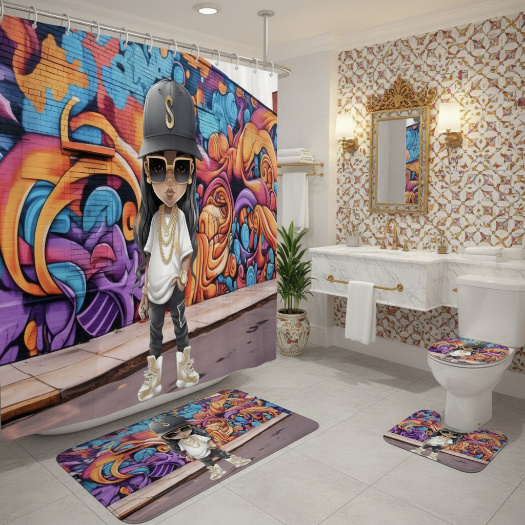 Copycat-Creations Hip-Hop Latina Princess 4pcs Shower Curtain Set