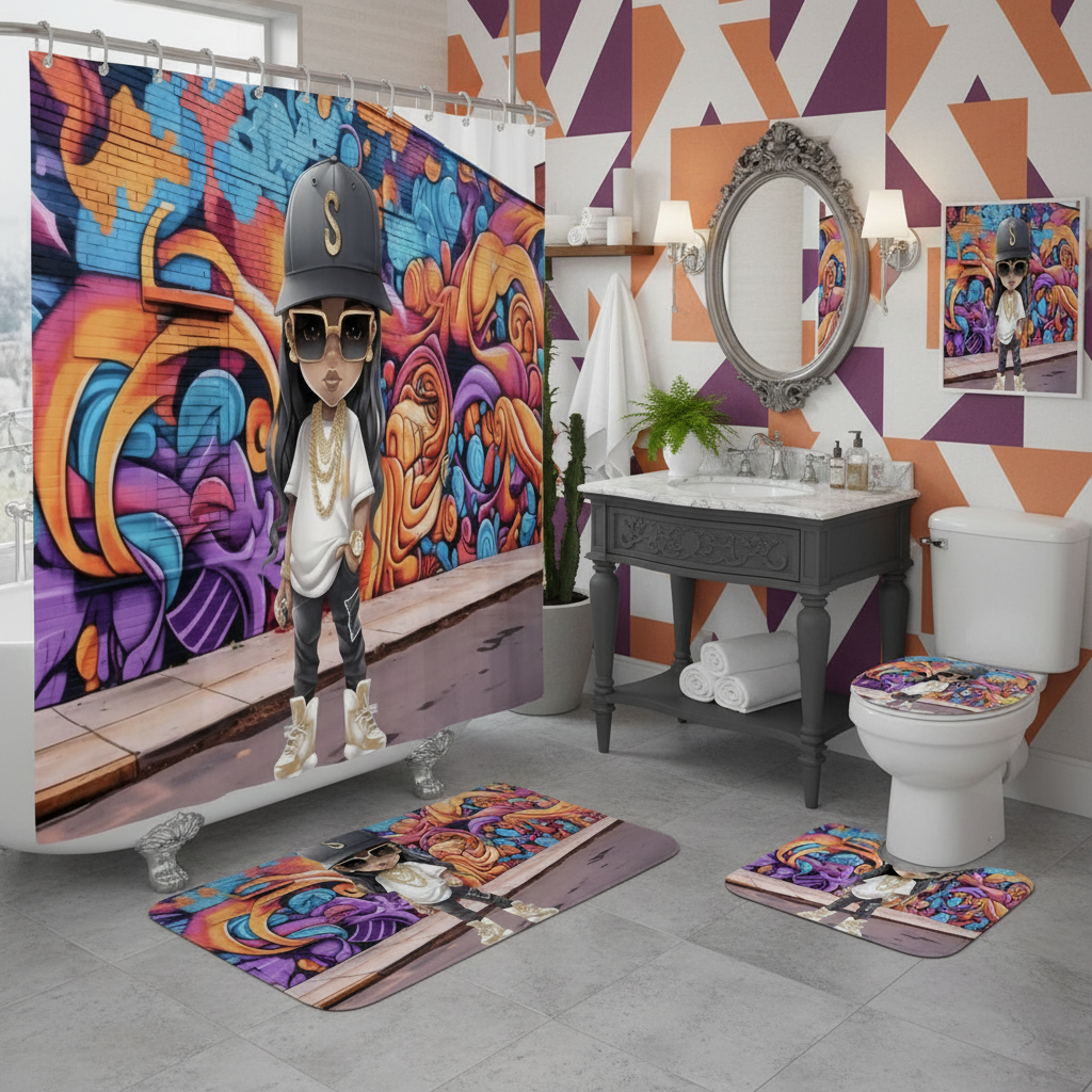 Copycat-Creations Hip-Hop Latina Princess 4pcs Shower Curtain Set