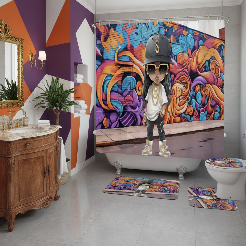 Copycat-Creations Hip-Hop Latina Princess 4pcs Shower Curtain Set