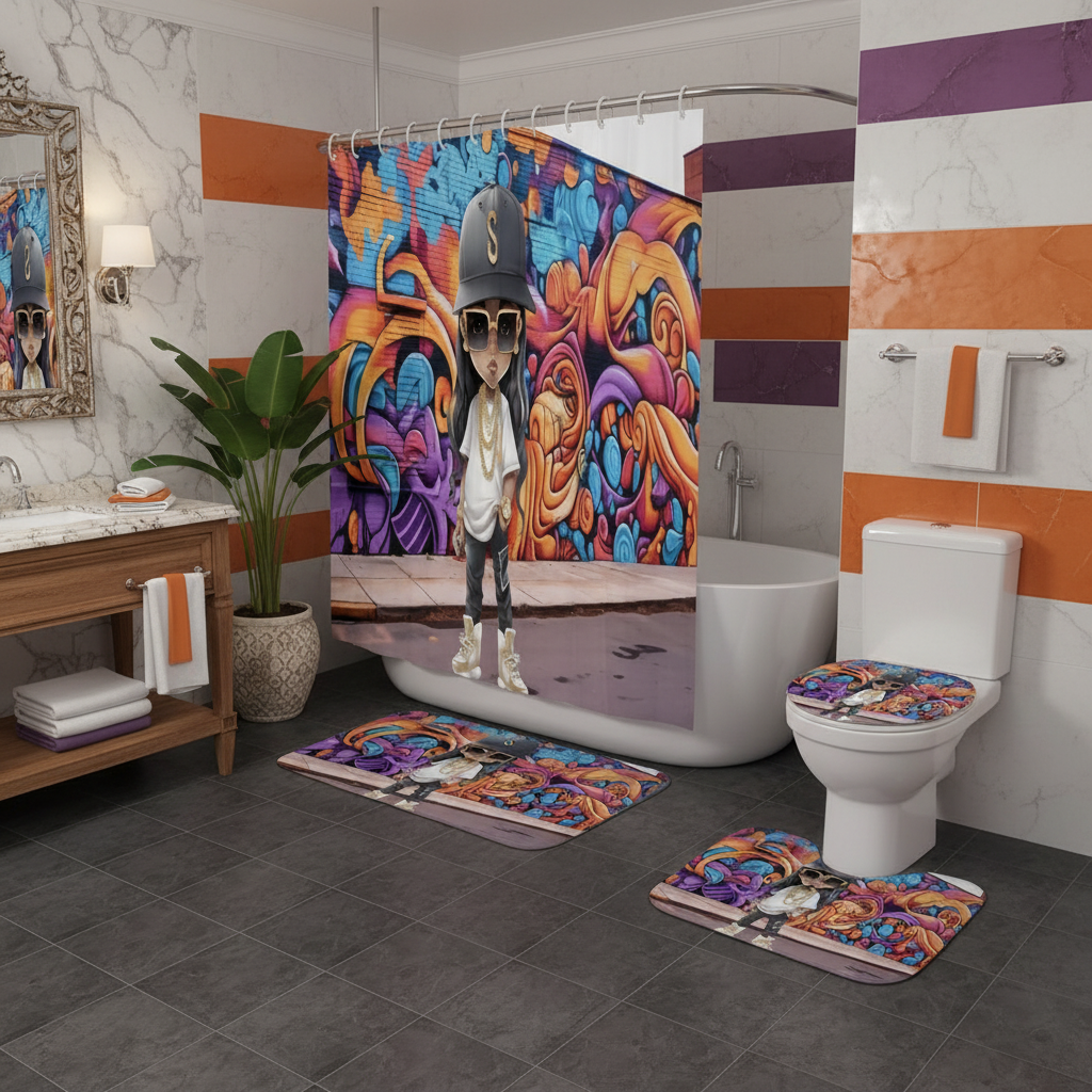 Copycat-Creations Hip-Hop Latina Princess 4pcs Shower Curtain Set