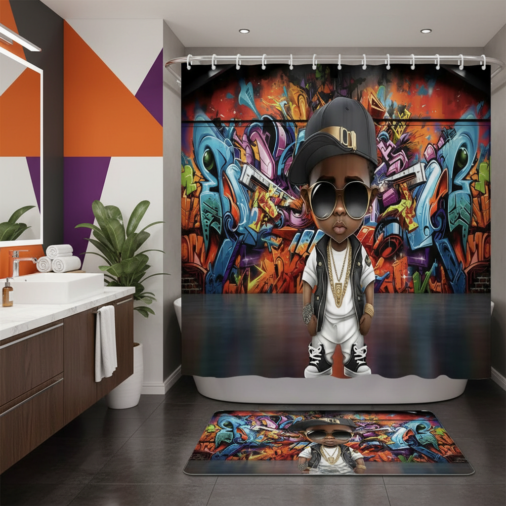 Copycat-Creations Graffiti Hip-Hop Prince 2pcs Shower Curtain Set
