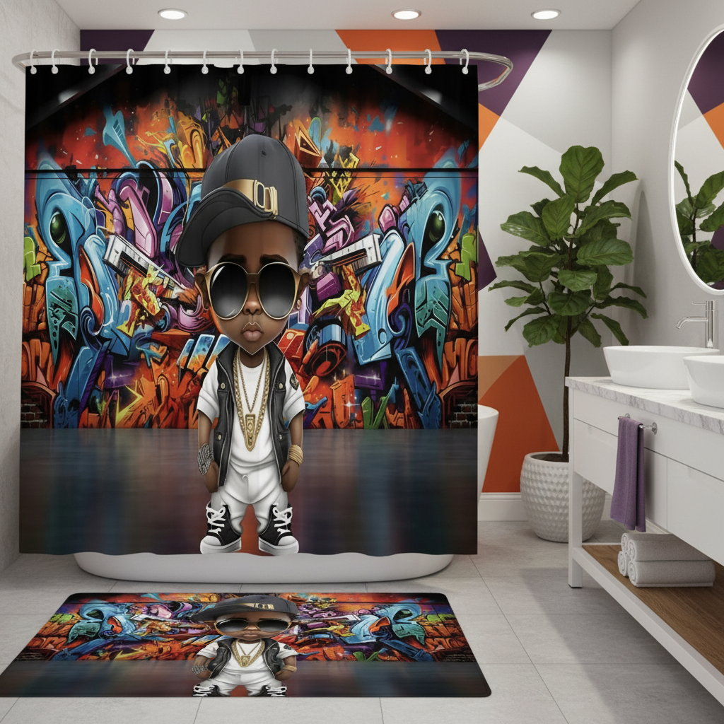 Copycat-Creations Graffiti Hip-Hop Prince 2pcs Shower Curtain Set