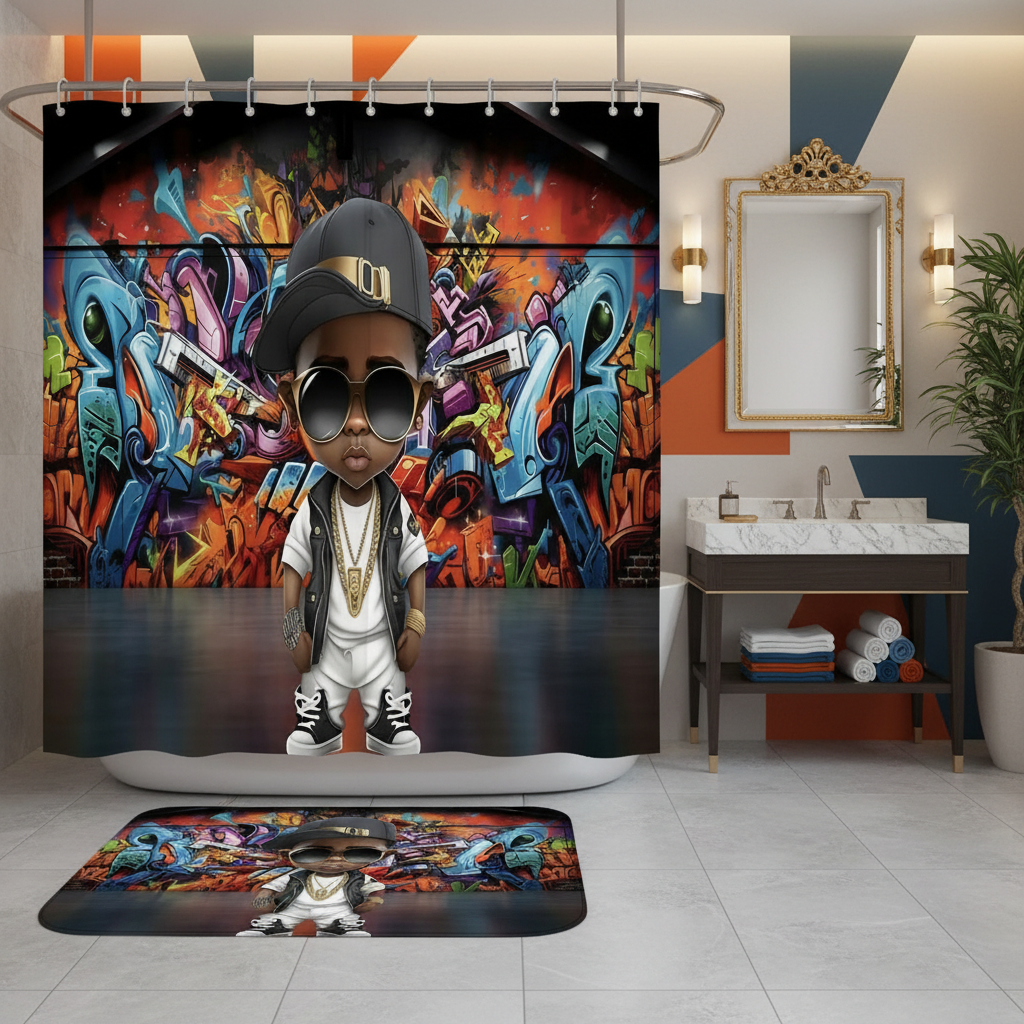 Copycat-Creations Graffiti Hip-Hop Prince 2pcs Shower Curtain Set