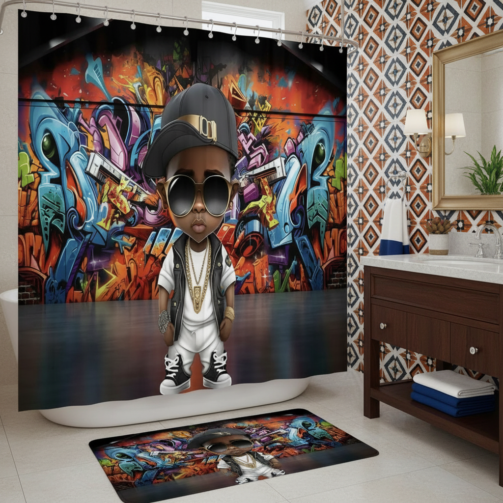 Copycat-Creations Graffiti Hip-Hop Prince 2pcs Shower Curtain Set
